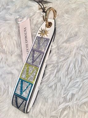 Victoria's Secret White Leather Wristlet with Multicolor Crystal Blocks